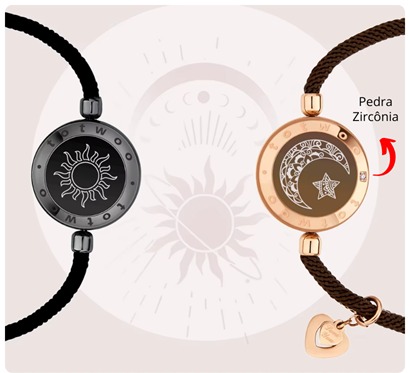 Detalhe do design sol e lua com pedra de zircônia das pulseiras